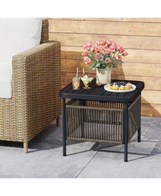 PE Rattan Outdoor Side Table with 1.57-Inch Umbrella Hole, Square Patio End Table