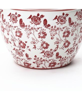Red Floral Ceramic Planter, 12.2" Round, Indoor & Outdoor Garden Pot