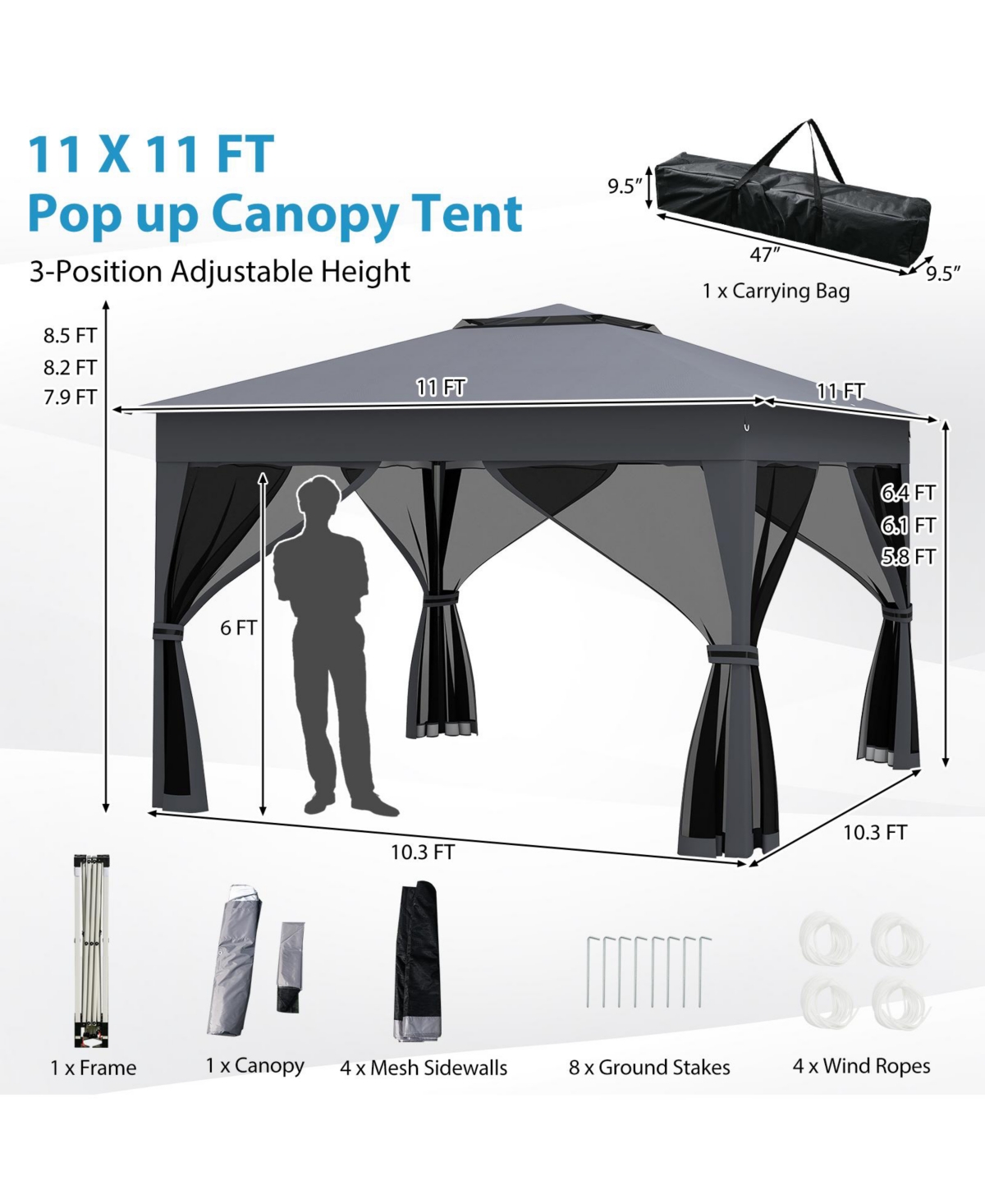 Mecale 11x11 ft Pop-Up Gazebo with Mesh Netting & Double Roof