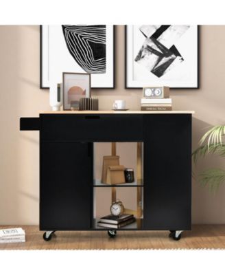 Drop-Leaf Rolling Kitchen Island Cart with Rubber Wood Top