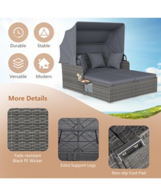 Patio Rattan Daybed Lounge Retractable Top Canopy Side Tables Cushions