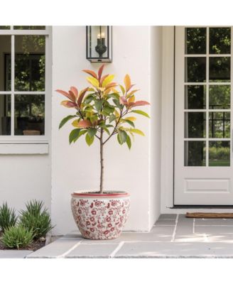 Red Floral Ceramic Planter, 17" Round, Indoor & Outdoor Garden Pot