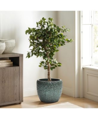 11.8-Inch Tall Round Ceramic Planter, Bark Texture with Glossy Glaze