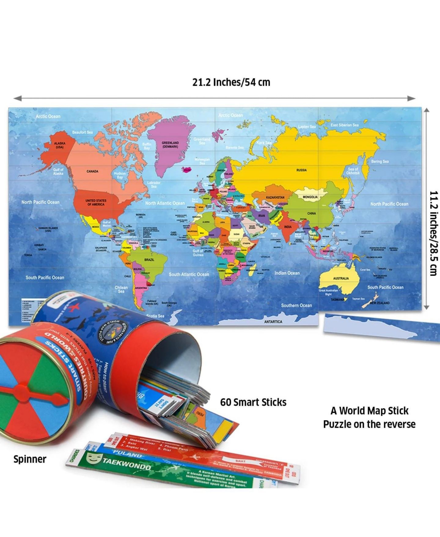 Детская настольная игра Chalk & Chuckles Smart Sticks-Countries World Map Puzzle 60-Piece Board Game, Ages 7+, цвет: Open Miscellaneous — фото 1