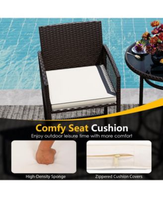 3 Piece Wicker Patio Bar Set w/ 2 Seat Cushions Glass Tabletop for Backyard