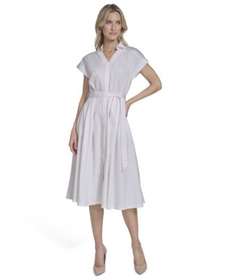 Women's Belted Cap-Sleeve Collared Midi Shirtdress