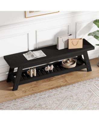 55" Wood Entryway Bench with Shoe Storage, Large 2-Tier Narrow Hallway Foyer Seating Bench