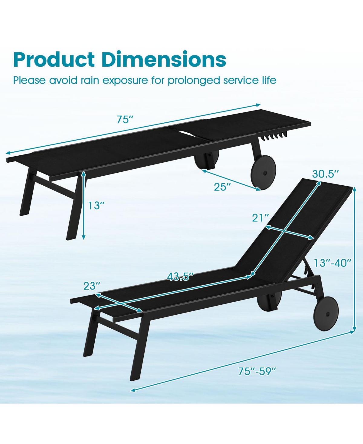 Gymax Patio Chaise Lounge w/Wheels Adjustable 6-Position Backrest Breathable Seat Outdoor