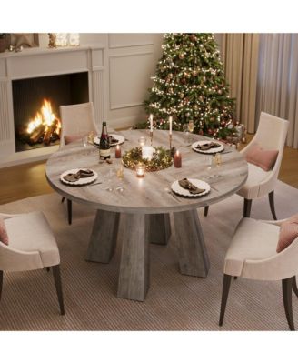 Round Dining Table for 4-6 People, 47 Inches Dining Room Table with Wooden Pedestal Base