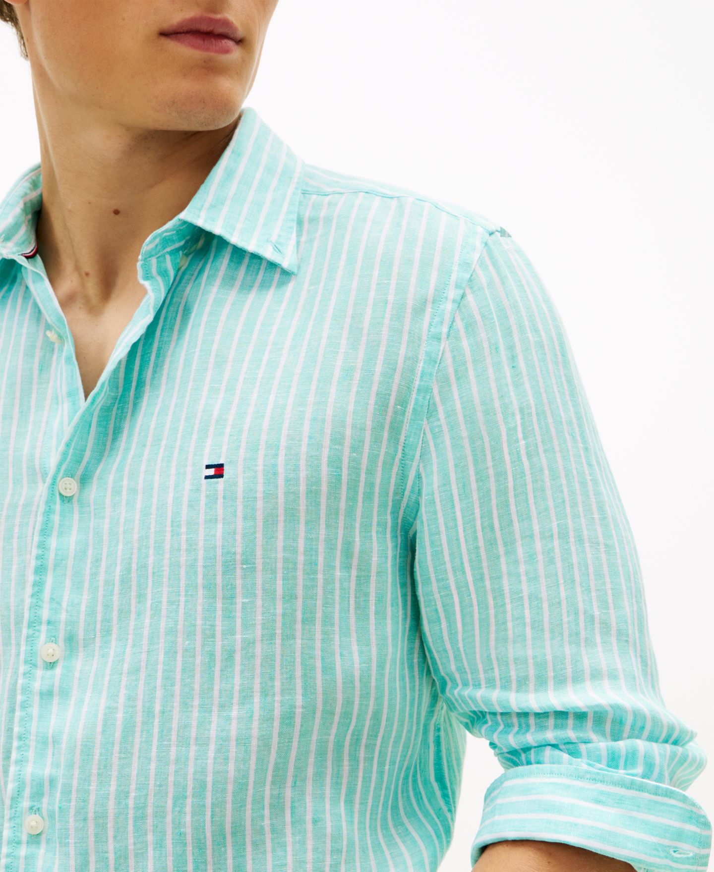 Мужская рубашка Tommy Hilfiger 100% Linen Bengal Stripe, цвет: Аквамариновый — фото 3