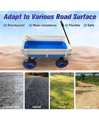 Heavy Duty Rolling Garden Wagon - Utility Cart with Wooden Side Panels, Air Tires Pulling and Wide Grip Handle for Grocery, Camping