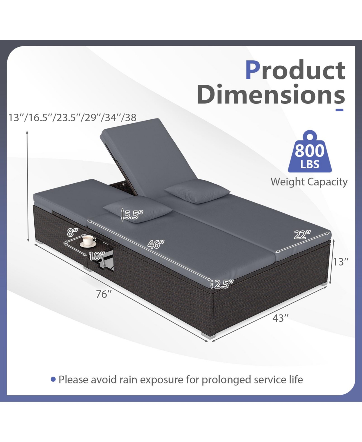 Gymax Patio Daybed Pe Wicker Double Chaise Lounge Adjustable Backrests Outdoor