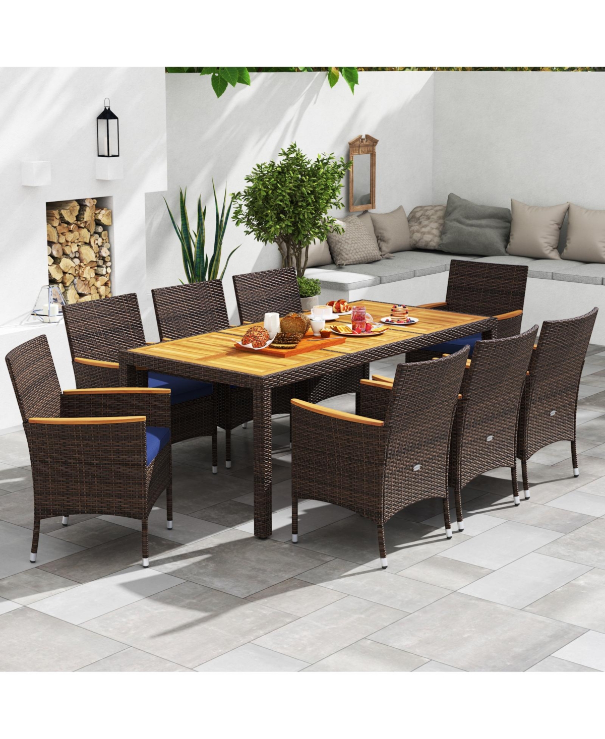 Gymax 9 Pieces Patio Pe Wicker Dining Set Outdoor Acacia Wood Table & Chairs