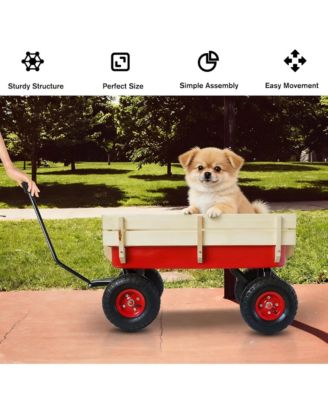 Heavy Duty Rolling Garden Wagon - Utility Cart with Wooden Side Panels, Air Tires Pulling and Wide Grip Handle for Grocery, Camping