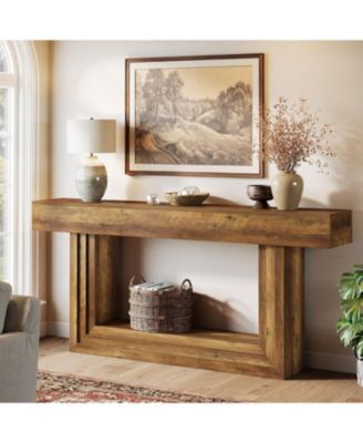 63" Narrow Console Table, 2-Tier Long Entryway Table, Farnhouse Console Behind Couch, Brown