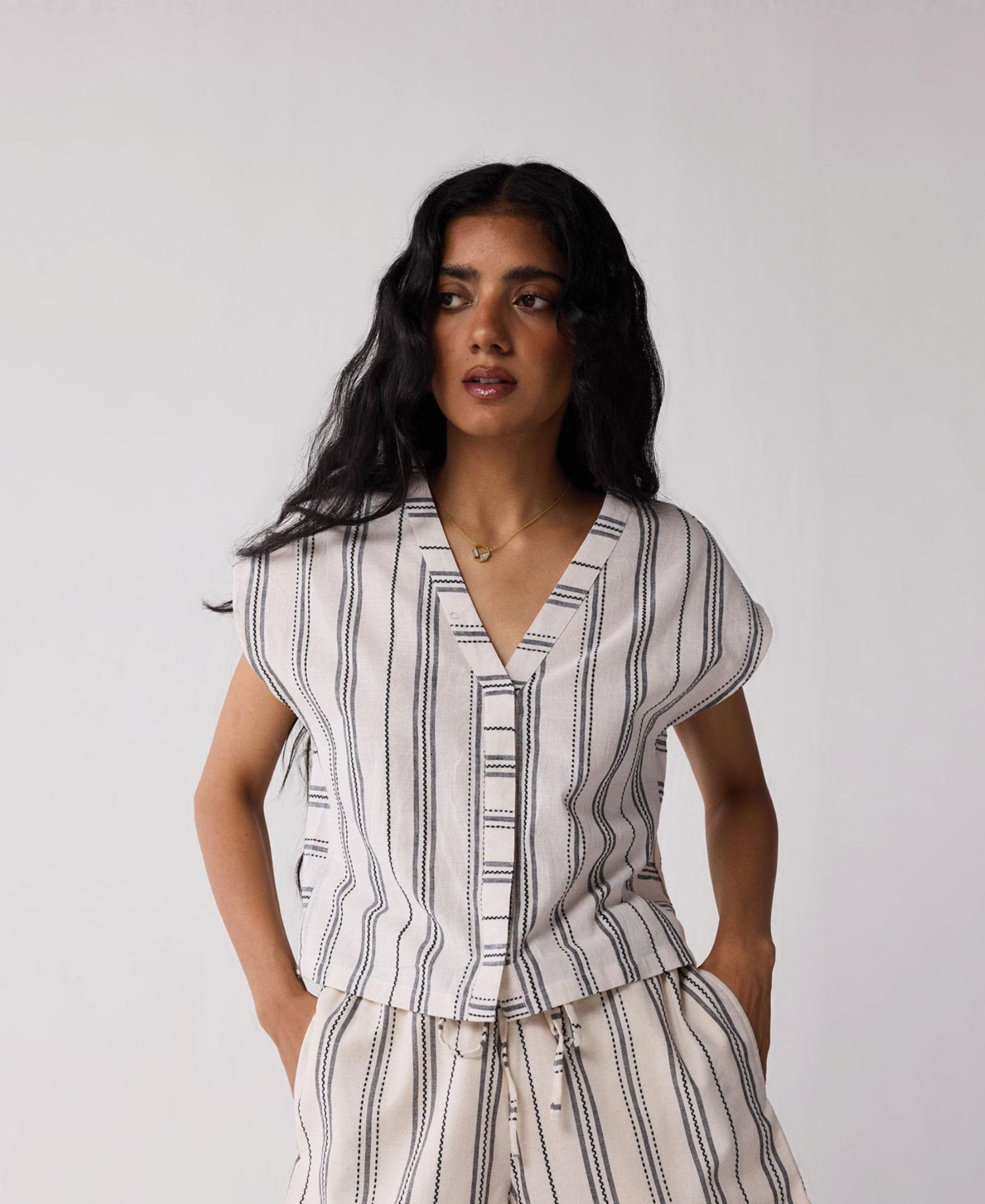 Women's Relaxed V-neck Top in Stripes