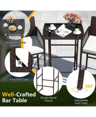 Set Of 3 Patio Bar Set Wicker Table and Armchairs w/ 2 Cushions and Glass Tabletop