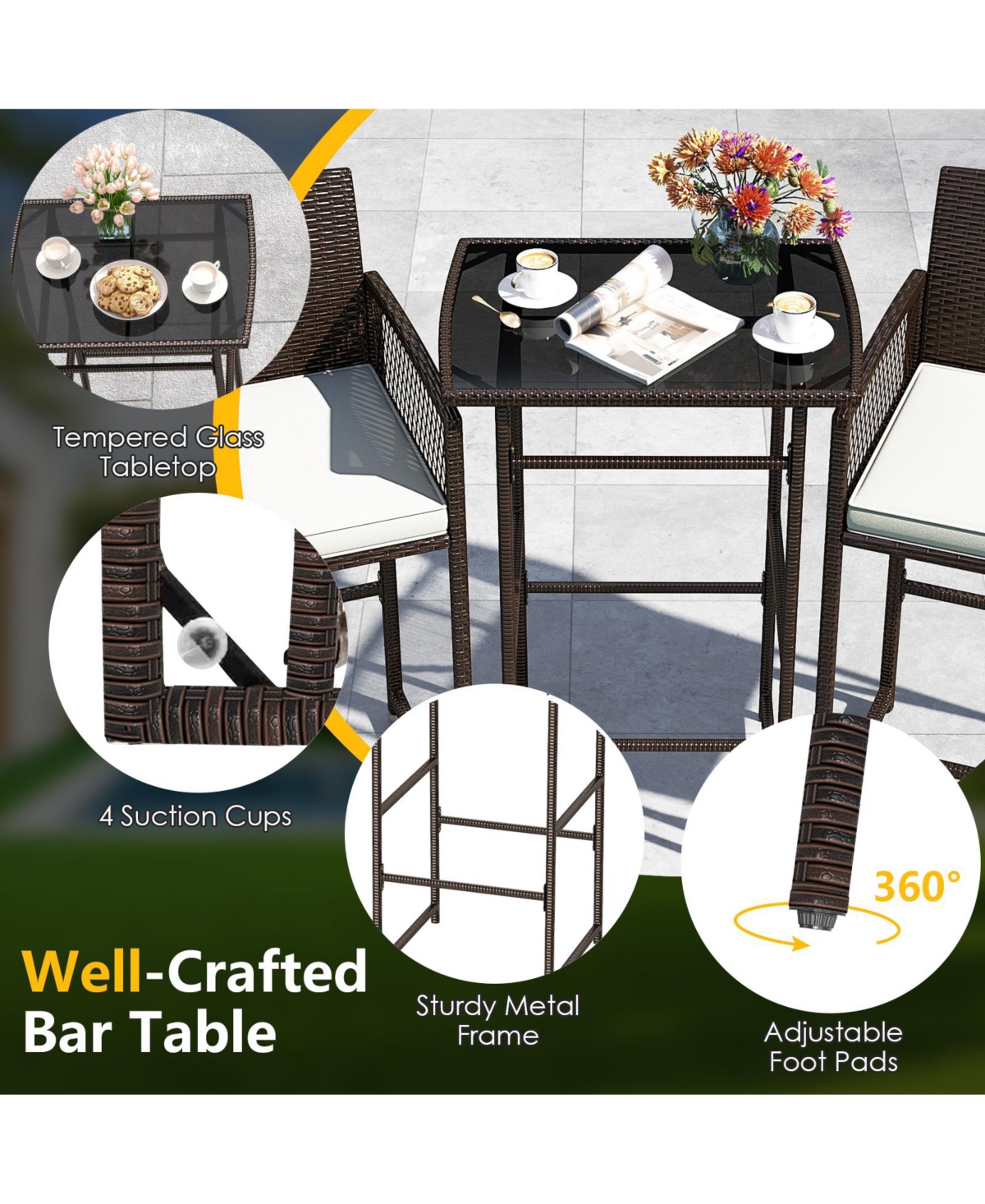 Gymax Set Of 3 Patio Bar Set Wicker Table & Armchairs w/ 2 Cushions & Glass Tabletop
