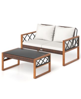 2 Pieces Patio PE Wicker Furniture Set Outdoor Acacia Wood Loveseat for Porch