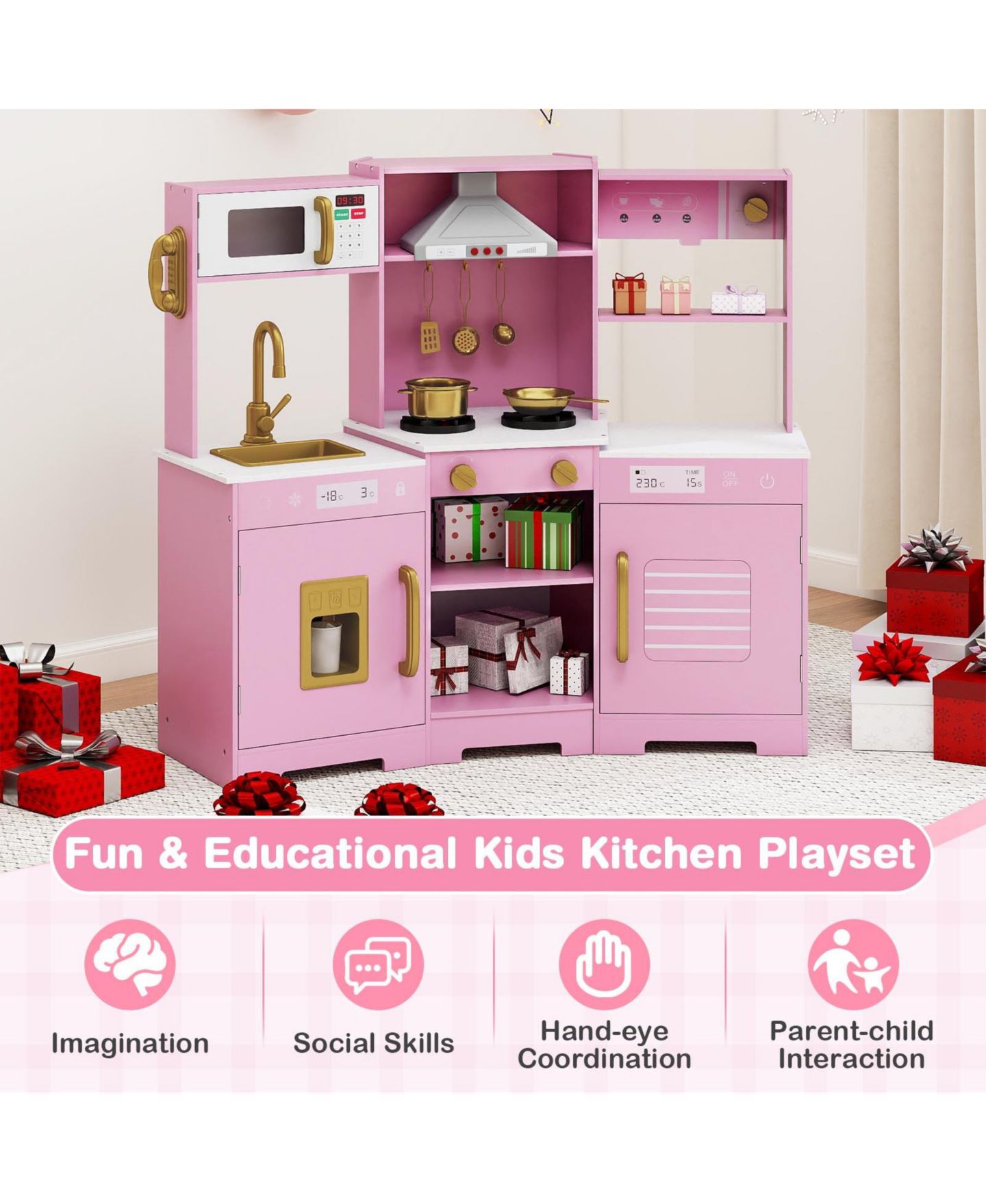 Детский игровой набор Mecale Lights & Sounds Wooden Play Kitchen Playset, Ages 3+, цвет: Розовый — фото 6
