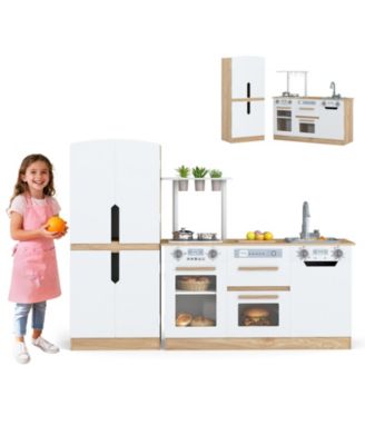 Wooden 2-Piece Kids Kitchen Playset with Fridge & Running Water for Interactive Play