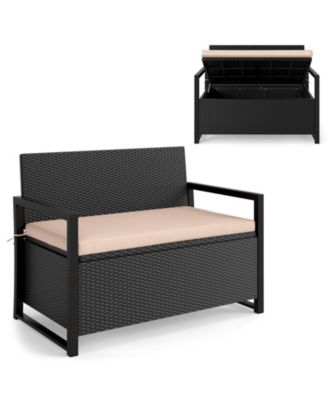 Patio Storage Bench Wicker Loveseat w/ Built-in Storage & Long Seat Cushion Outdoor