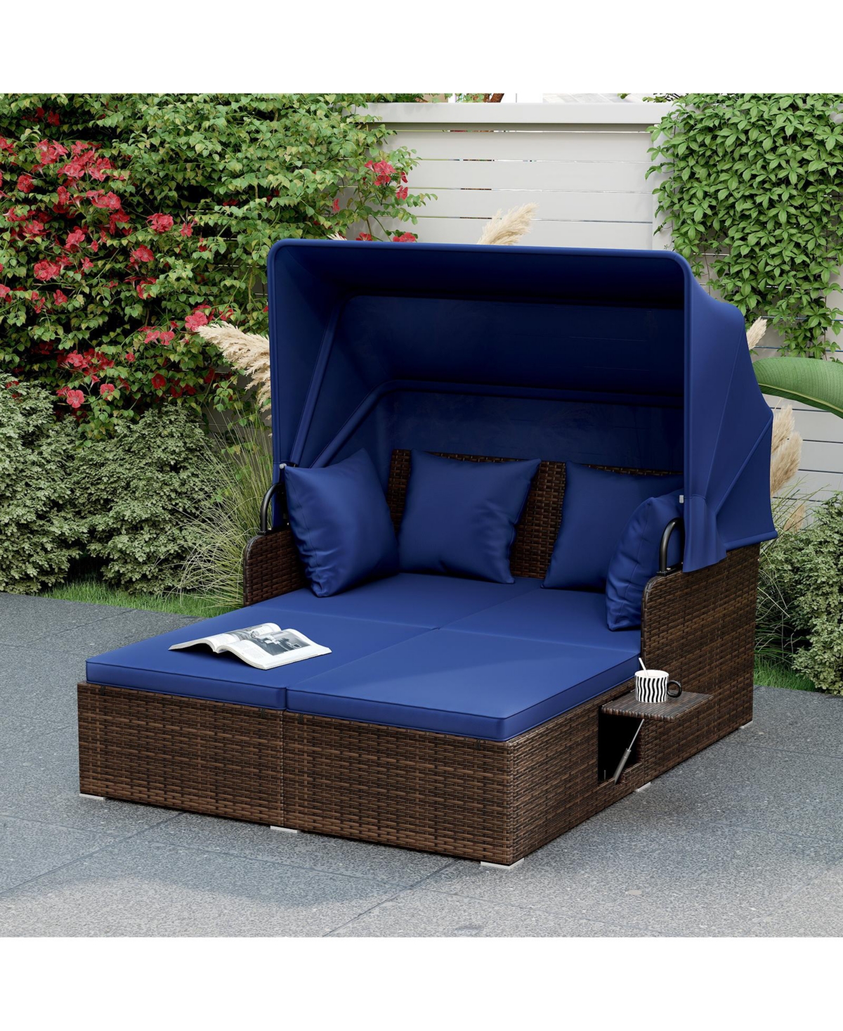 Gymax Patio Rattan Daybed Lounge Retractable Top Canopy Side Tables Cushions for Outdoor