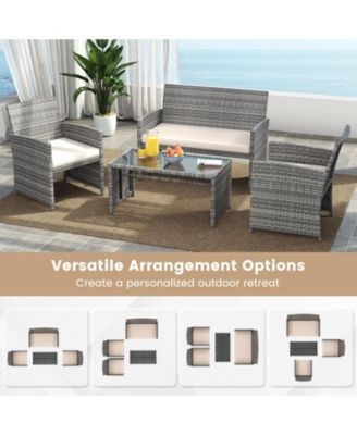 4PCS Patio Outdoor Conversation Set w/Seat Cushions & Tempered Glass Tabletop