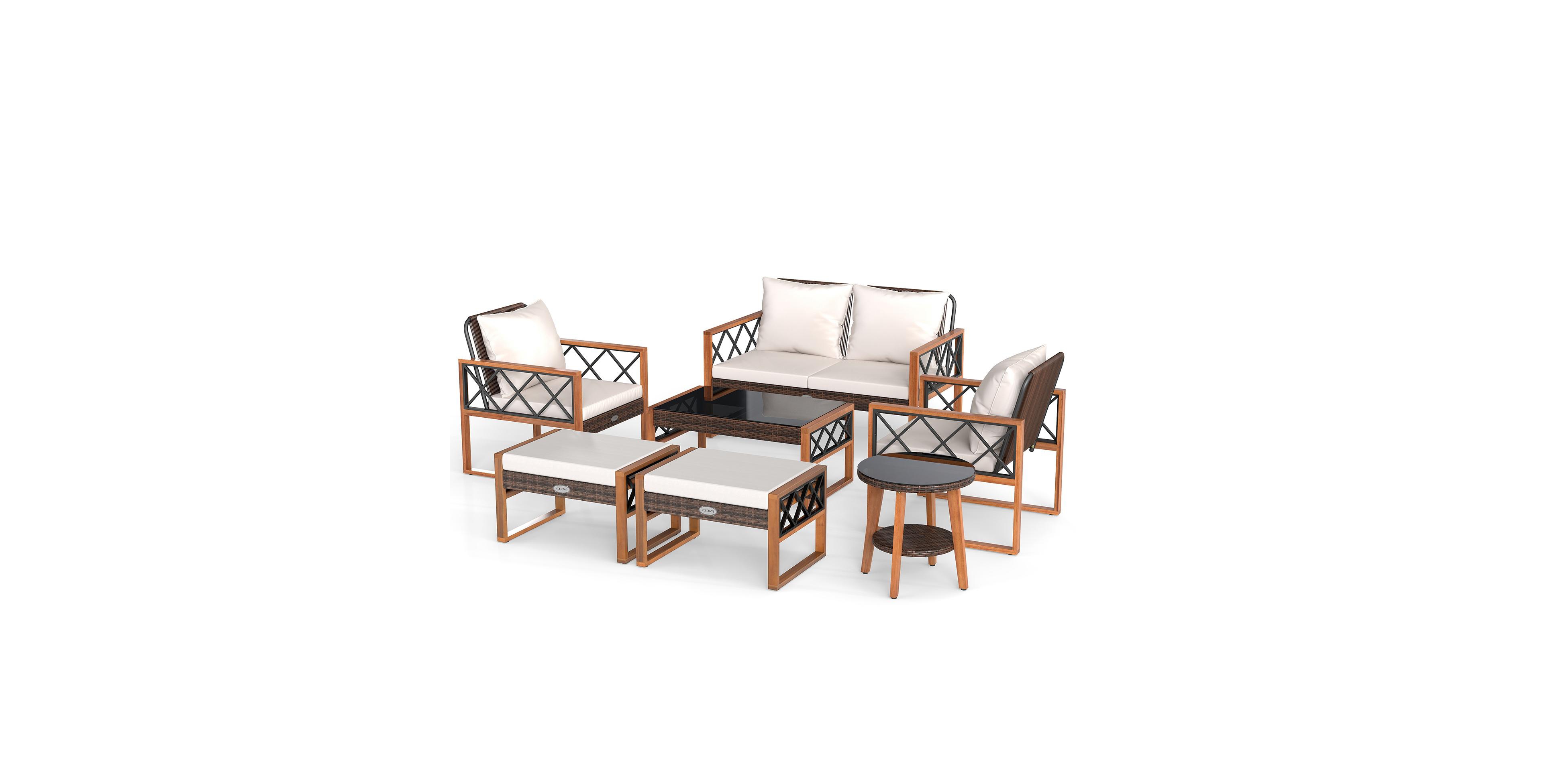 Gymax 7 Pcs Patio Pe Wicker Furniture Set w/ Ottomans Cushions and Tables Chair Couch Outdoor