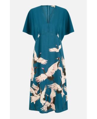Women's Crane Print Kimono Midi Dress