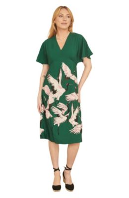 Women's Crane Print Kimono Midi Dress