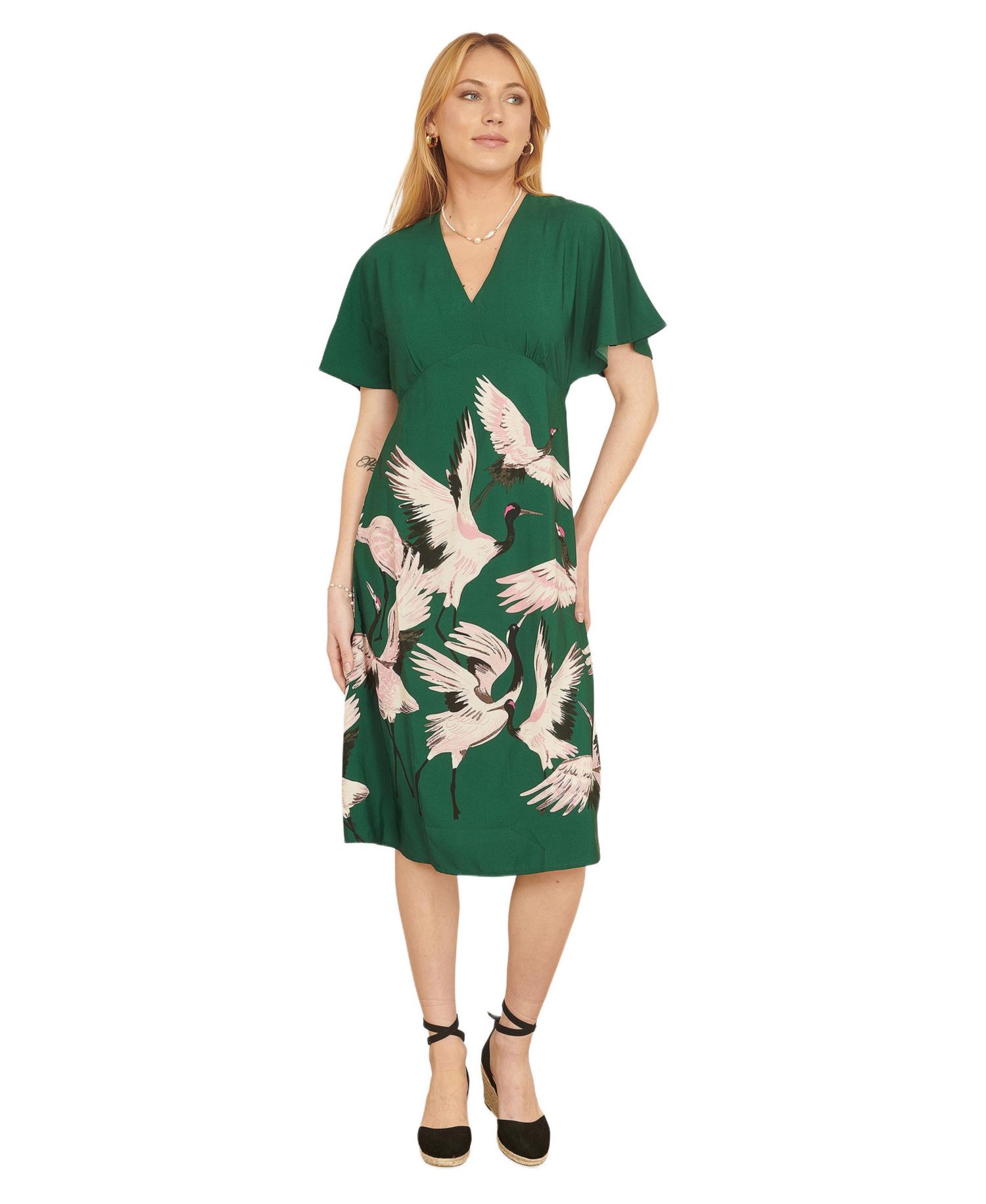 Women's Crane Print Kimono Midi Dress