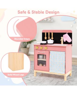 Play Kitchen for Kids, Wooden Kitchen Playset with Door Curtain for Role-Playing Fun