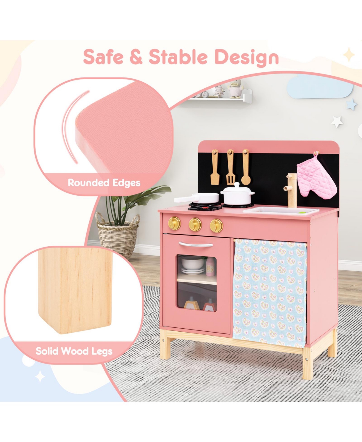 Mecale Play Kitchen for Kids, Wooden Kitchen Playset with Door Curtain for Role-Playing Fun