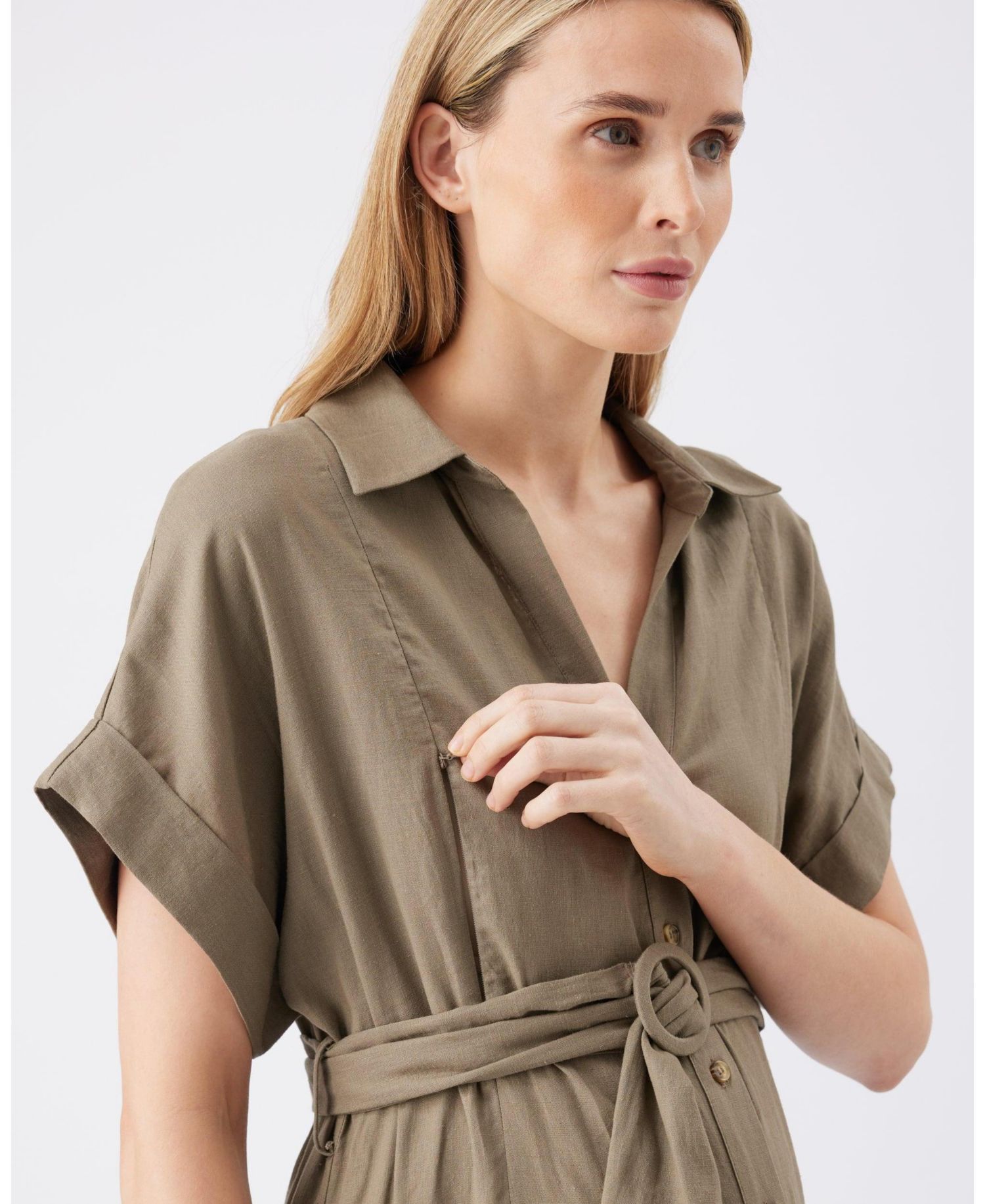 Women's Ripe Amy Linen Nursing Shirt Dress Olive