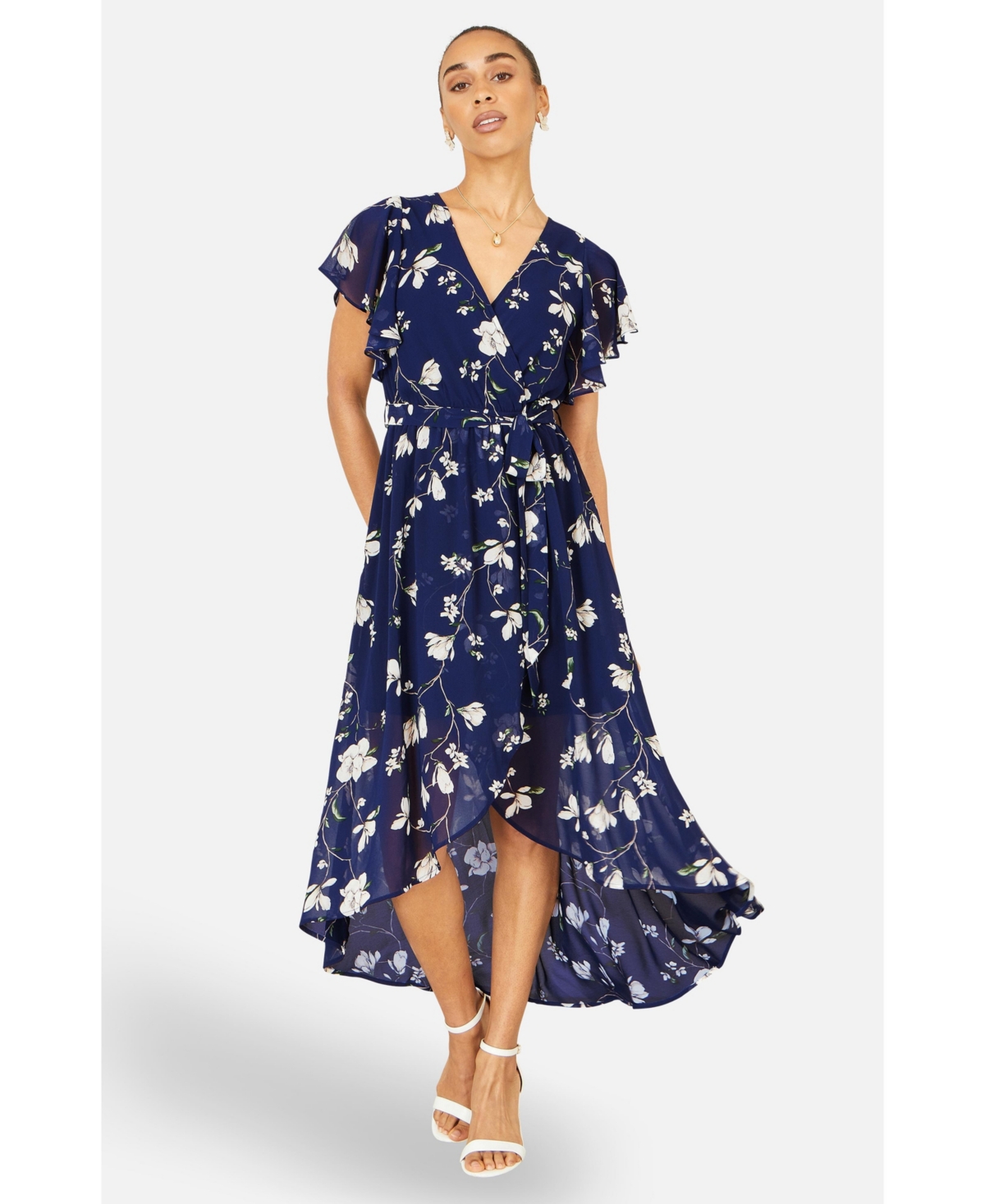 Yumi Women's Floral Frill Hem Wrap Midi Dress