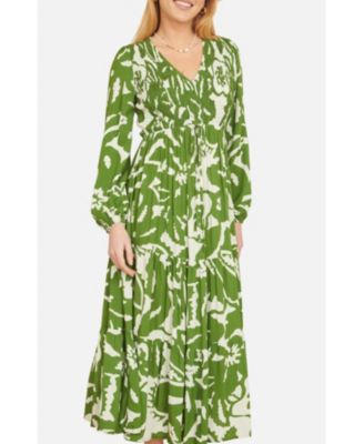 Women's Abstract Print Ruched V-Neck Midi Dress
