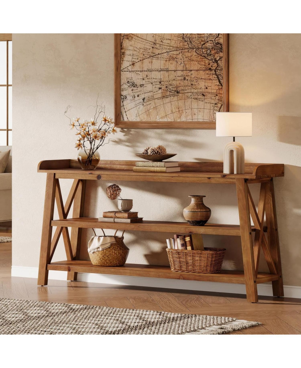 Tribesigns 3-Tier Solid Wood Console Table with X-Shaped Frame, 63-Inch Farmhouse Entryway Table, Sofa Console Behind Couch