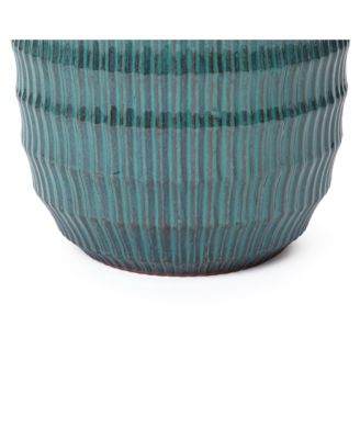 Boho Coastal Ceramic Planter, Tall Pot with Ribbed Texture & Weathered Finish