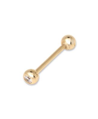 Solid 14k Gold 14G 5mm Bezel Cubic Zirconia Straight Barbell Internally Threaded Tongue Ring Body Piercing Ring