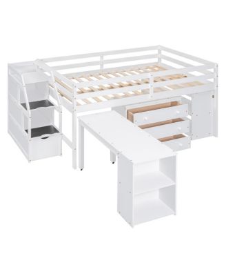 Full Size Loft Bed with Desk, Storage Stairs & Shelves