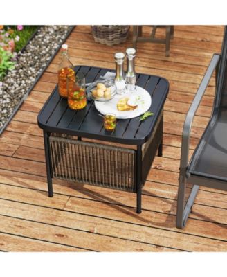 2 PCS Outdoor PE Rattan Side Table with Umbrella Hole Square Patio End Table