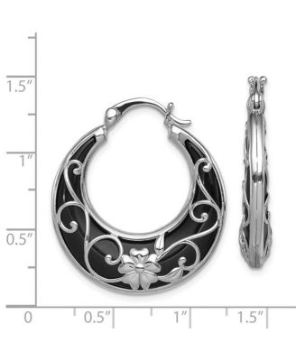 Sterling Silver Rhodium-Plated Black Onyx Filigree Boho Hoop Earrings