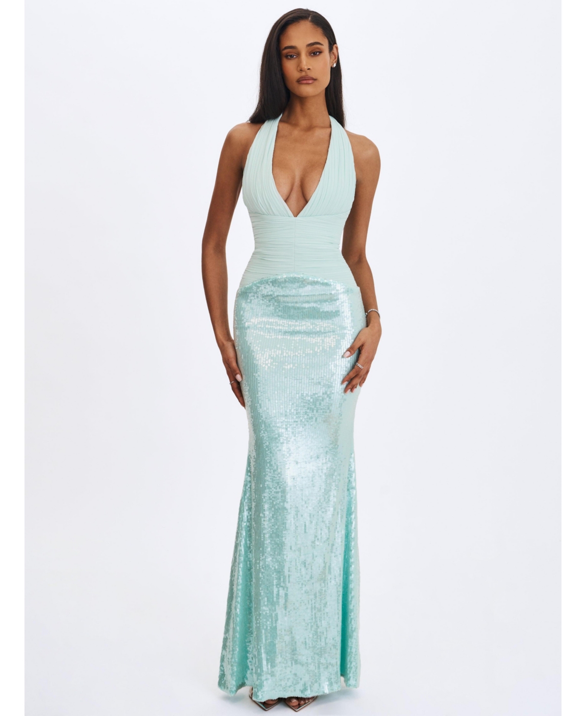 Miss Circle Women's Wendale Mint Sequin Plunging Mermaid Maxi Dress