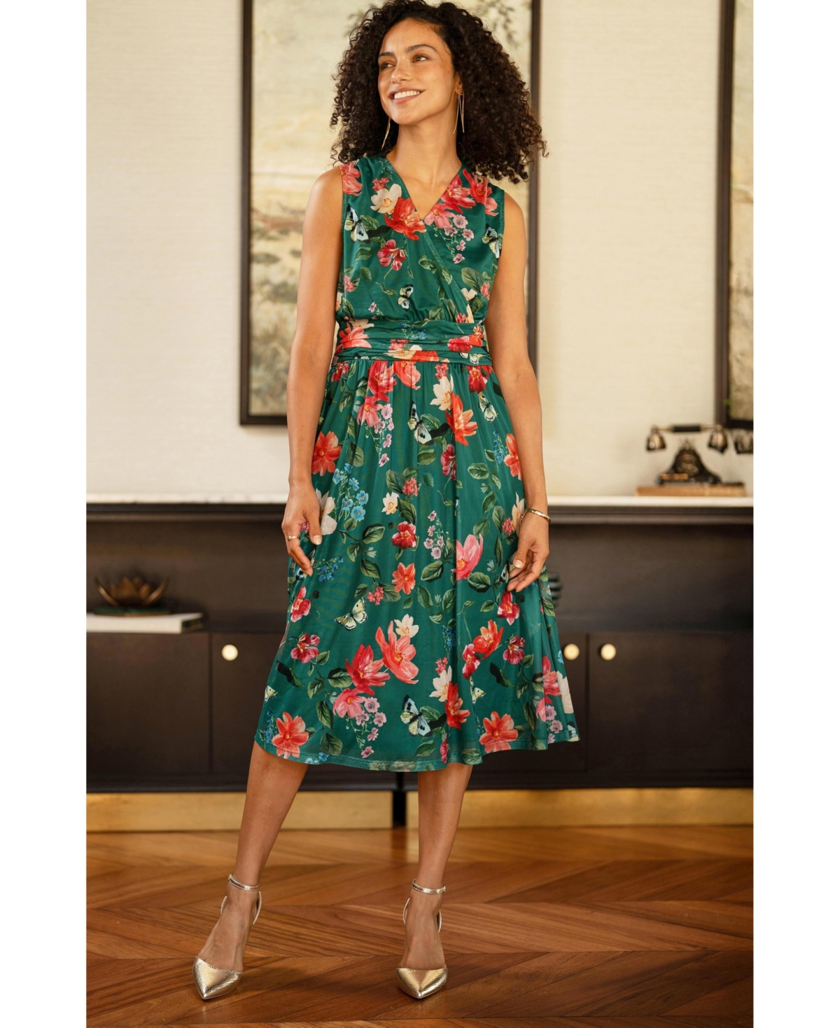 Yumi Women's Floral Print Mesh Stretch Midi Dress