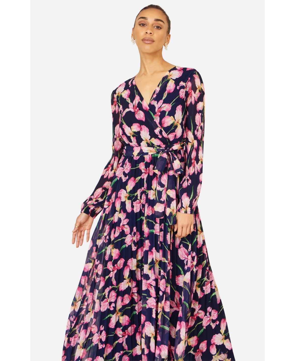 Yumi Women's Orchid Floral Pleated Wrap Maxi Dress