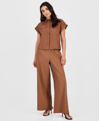 Petite Linen-Blend Short-Sleeve Button-Front Shirt