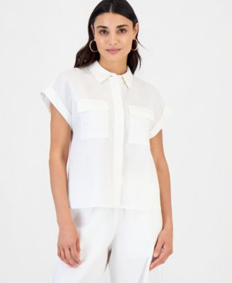 Petite Linen-Blend Short-Sleeve Button-Front Shirt