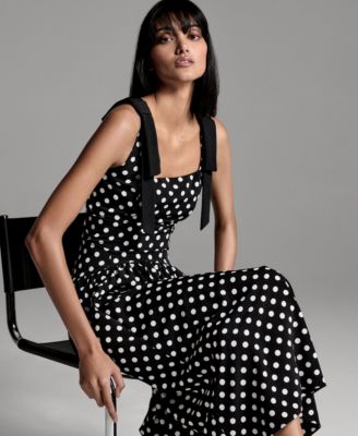 Women's Sleeveless Polka Dot Bow Strap Midi Dress