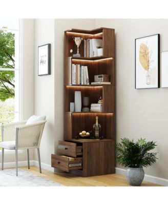 4 Tier Corner Bookshelf - L Shaped Bookcase, Freestanding Display Stand with Baffle, Led Lights and 2 Drawers for Living Room, Home Office